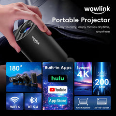 [Built-In Apps & 2026 Upgraded] Mini Projector with Wifi 6 and Bluetooth 5.4 Support 4K 1080P Auto Keystone 180° Rotatable Projector Portable Compatibile with HDMI/TV Stick/Memory Stick/Laptop, Black