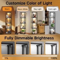 Beige Large Drum Lamp Shades and 67" Glass Display Shelf with Dimmable LED Floor Lamp