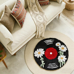 Vinyl Record Inspired Cool Rugs 24'' Tufted Quick Dry Anti-Slip Daisy Bath Mats Retro Carpet round Doormat Home Decor for Bedroom Living Room