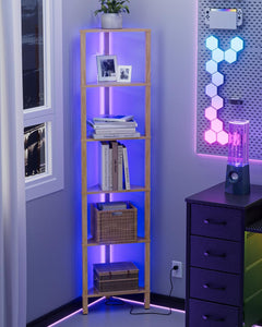 Corner Shelf with LED Light, 6-Tier Corner Bookshelf, Narrow Display Shelf with Storage Rack,Wood Corner Book Shelf for Living Room, Bedroom, Office, Oak