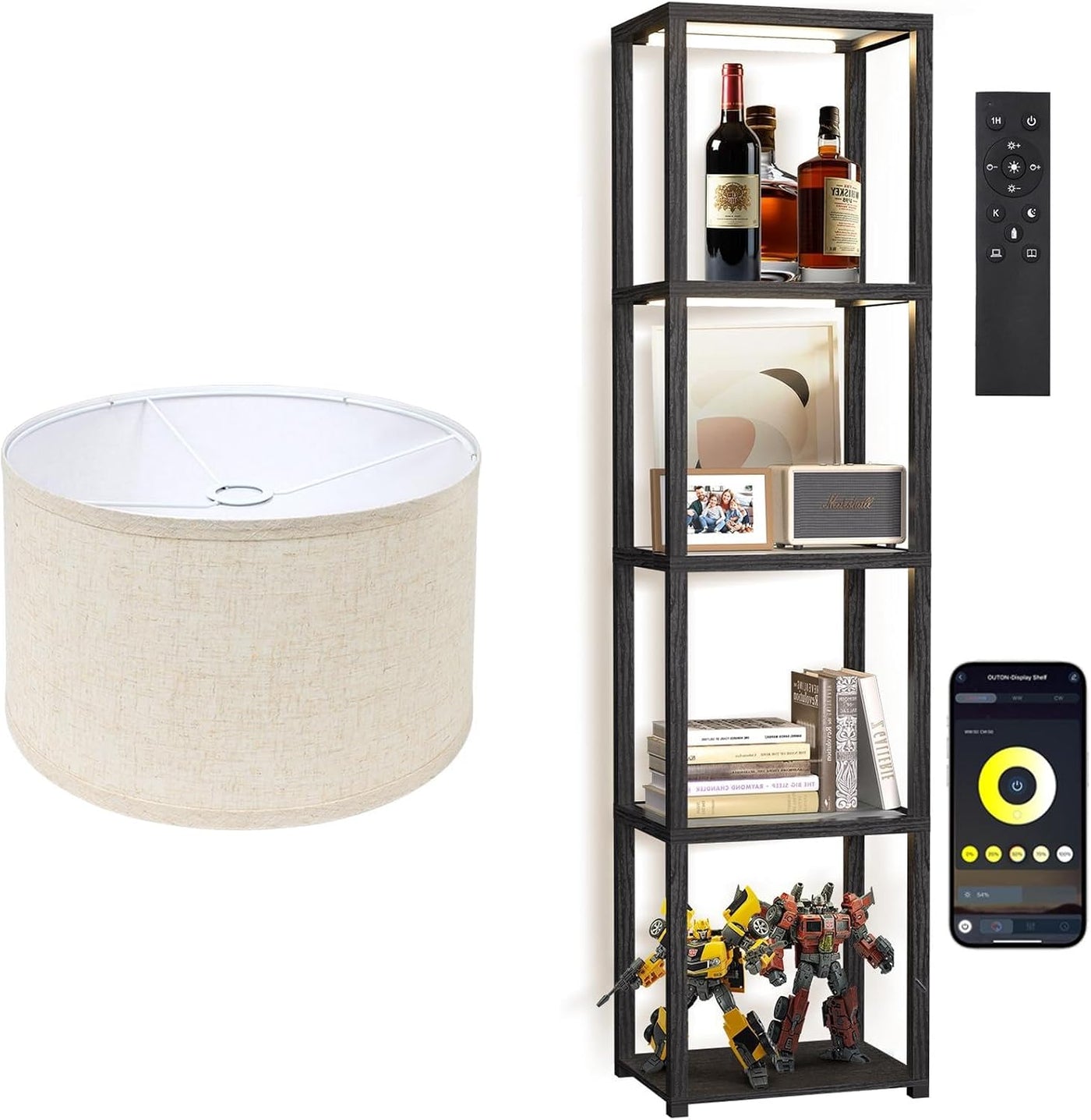 Beige Large Drum Lamp Shades and 67" Glass Display Shelf with Dimmable LED Floor Lamp