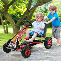 Go Kart for Kids, 4 Wheel Quad Off-Road Pedal on Foot Go Cart W/Steering Wheels & Adjustable Seat, 2 Safety Brakes, EVA Tires, Clutch, Outdoor Racer Ride on Pedal Car (Red)