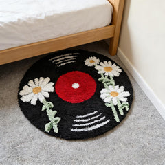 Vinyl Record Inspired Cool Rugs 24'' Tufted Quick Dry Anti-Slip Daisy Bath Mats Retro Carpet round Doormat Home Decor for Bedroom Living Room