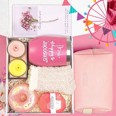 Pink spa gift box with wine tumbler and bath set