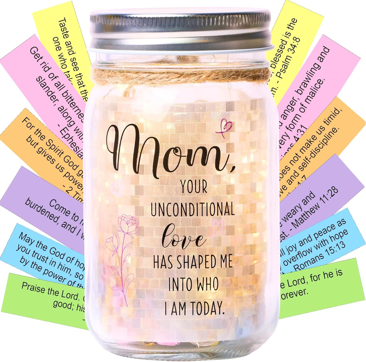 Bible Verse Jar for Mom – Diamond LED Light, 92 Scrolls of Encouragement, Christian Gift for Mother, Read Me When Keepsake