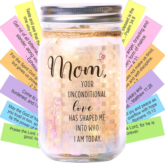Bible Verse Jar for Mom – Diamond LED Light, 92 Scrolls of Encouragement, Christian Gift for Mother, Read Me When Keepsake