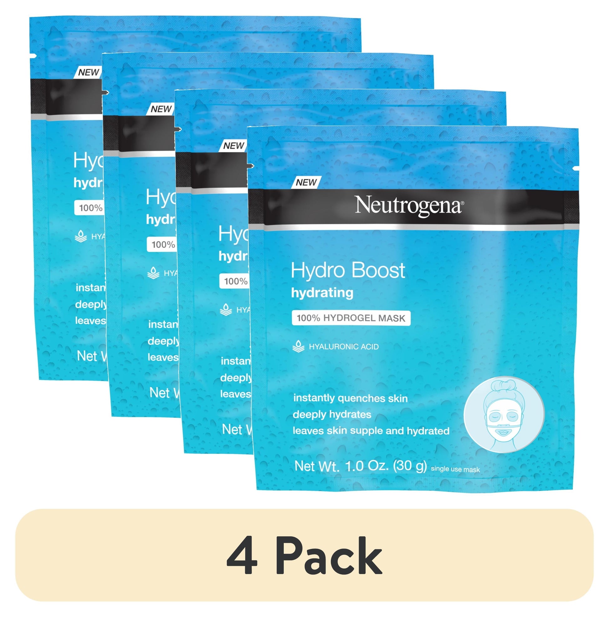(4 Pack)  Hydro Boost Hydrating Face Mask, Hyaluronic Acid Face Sheet Mask, 1 Oz