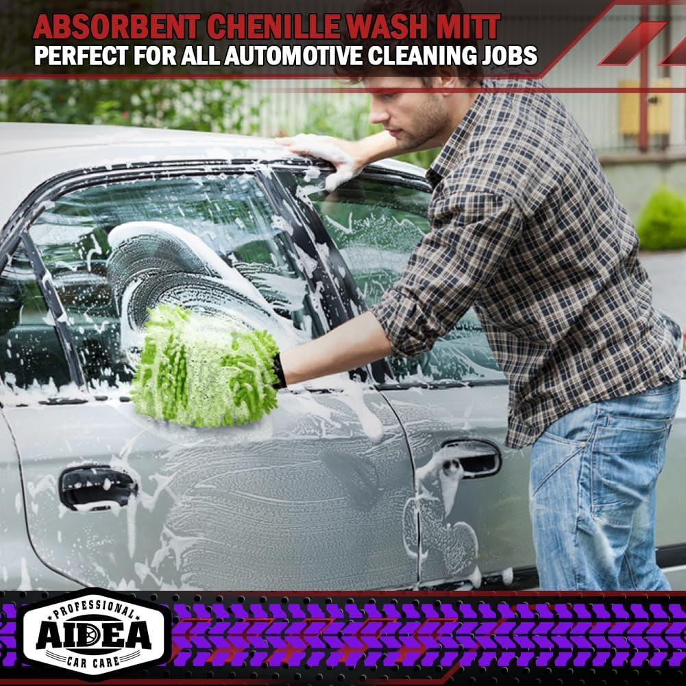 Car Wash Mitt Microfiber, 2PK Scratch Free Lint-Free, Premium Chenille Microfiber Mitt Car Wash Brush, Green, Regular Size 7.12''X10.14''