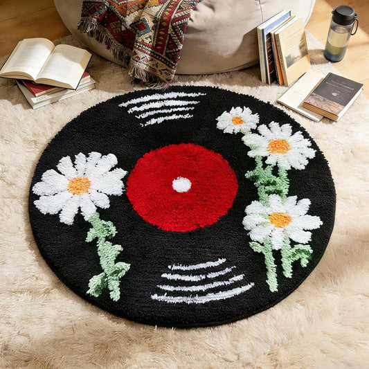 Vinyl Record Inspired Cool Rugs 24'' Tufted Quick Dry Anti-Slip Daisy Bath Mats Retro Carpet round Doormat Home Decor for Bedroom Living Room