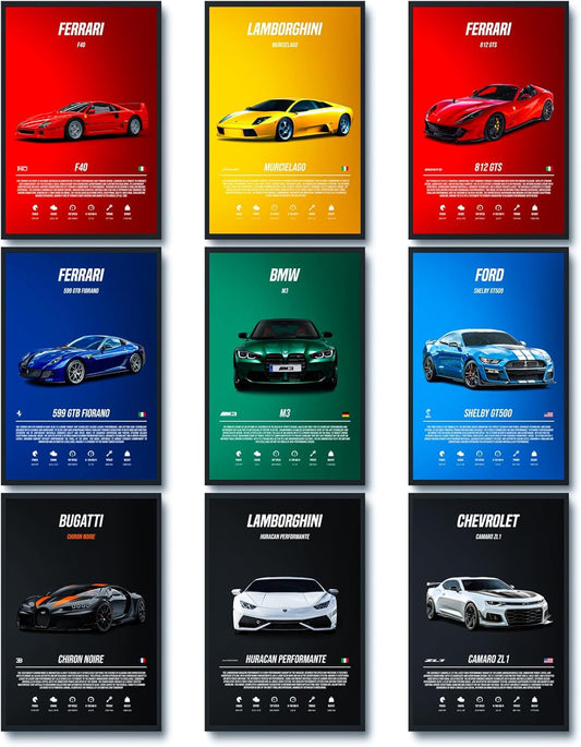 9Pcs Super Car Posters for Boys Room, Sports Car Wall Decor, Racing Car Wall Art for Men Guys, Race Cars Pictures Wall Decor for Bedroom Dorm Man Cave (Unframe,8X12Inch)
