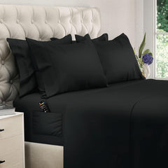 California King Sheet Sets - 6 Pcs Breathable Cooling Bed Sheets - up to 15" Deep California King Sheets with Side Pockets -Extra Soft 100% Brushed Hypoallergenic Hotel Luxury Bedding -Black