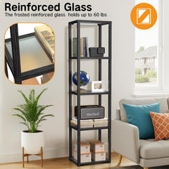 Beige Large Drum Lamp Shades and 67" Glass Display Shelf with Dimmable LED Floor Lamp