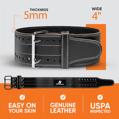Weight Lifting Belt (5Mm Thick) - Leather Weight Belt for Men & Women - Back Support Squat Belt - Gym Belt for Weightlifting, Powerlifting & Deadlifts | Adjustable Weightlifting Belt