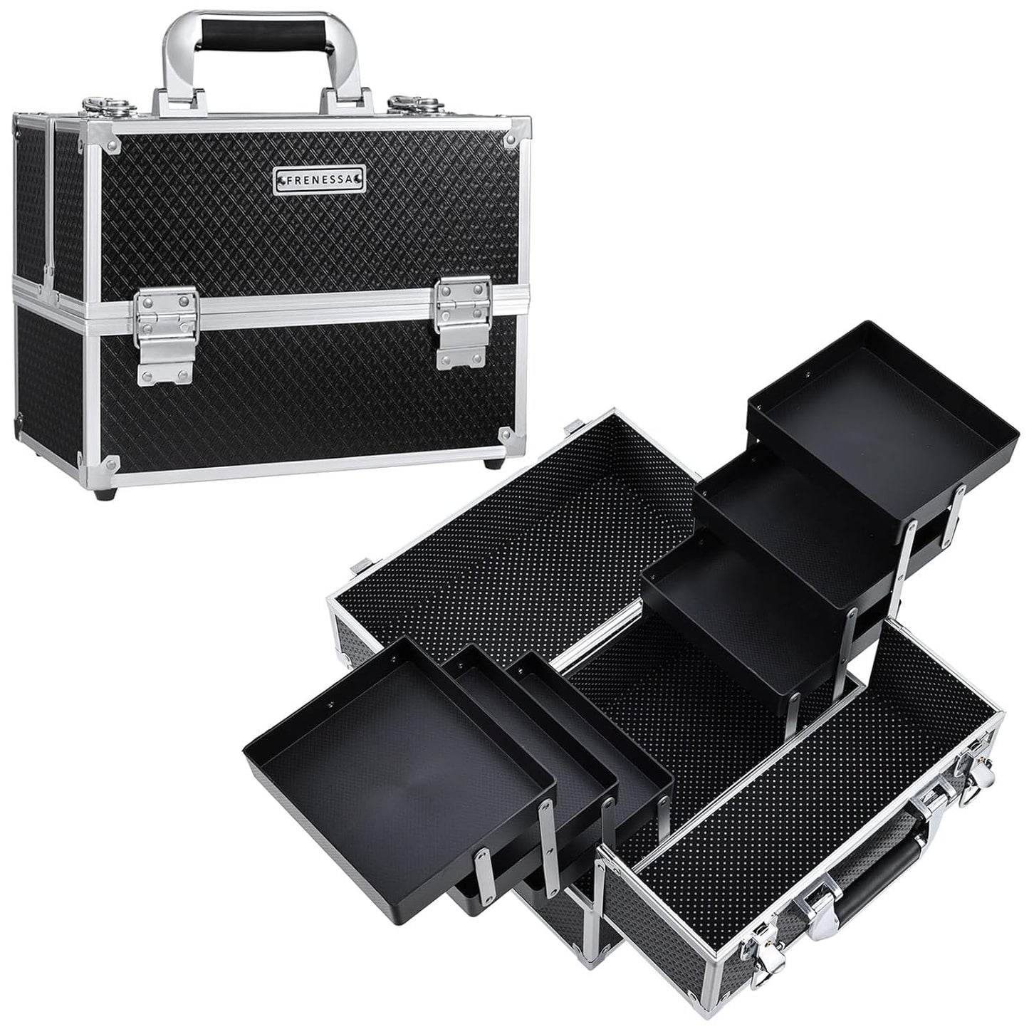 Makeup Train Case Makeup Case 11.8 Inch Large Cosmetic Box Organizer Travel Storage Professional Make up Train Carrying Case with 6 Trays Locking Hard Vanity Storage Black