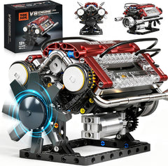 V8 Engine Building Blocks Sets, V8 Engine Model Kit, Runnable Model Engine Building Sets, Mini Engine Kits with Crankshaft & Rotating Fan, for Adults & Kids