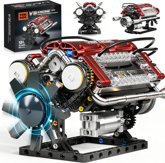 V8 Engine Building Blocks Sets, V8 Engine Model Kit, Runnable Model Engine Building Sets, Mini Engine Kits with Crankshaft & Rotating Fan, for Adults & Kids