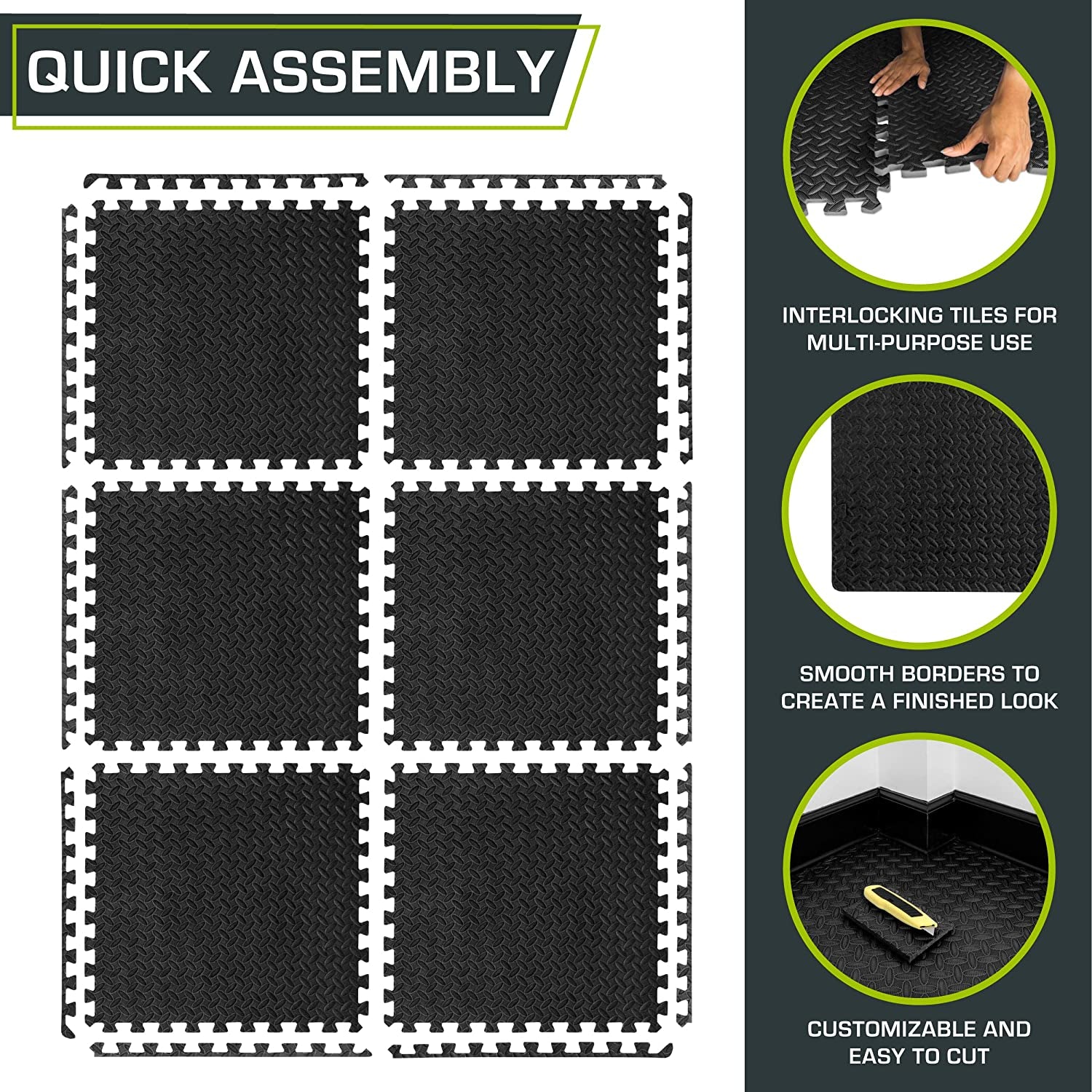 Exercise Puzzle Mat ½-Inch, EVA Interlocking Foam Floor Tiles for Home Gym, Workout Equipment, Kids Play Areas, Black, 24 SQ FT - 6 Tiles