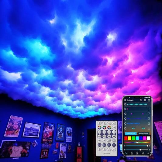 USB 3D Cotton Thundercloud LED Light, DIY RGB+IC Chasing Ceiling Cloud Lights with APP and Remote Control for Room Decor (17Ft, Multicolor)