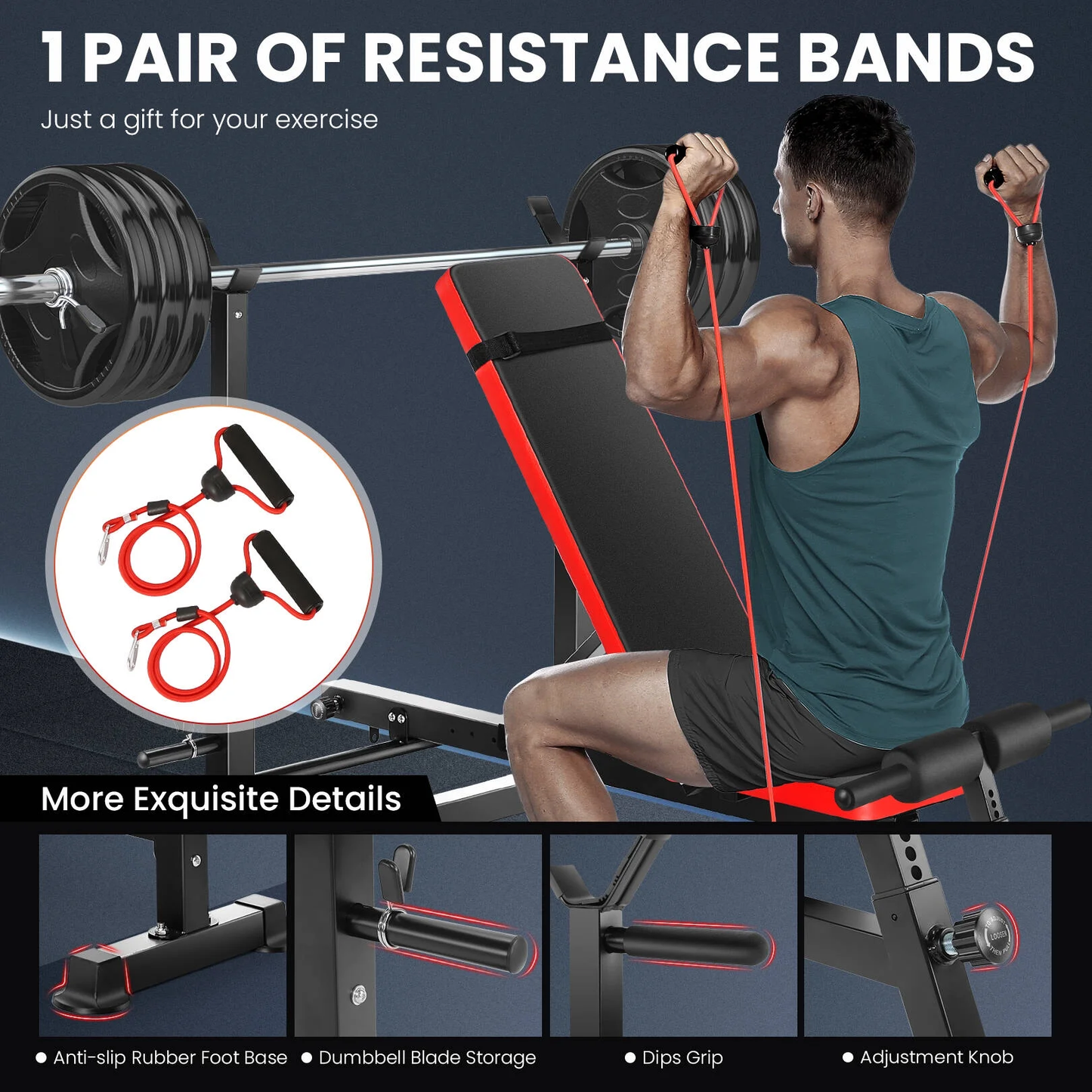 6-in-1 Adjustable Weight Bench Set – Barbell Rack & Resistance Bands Included | Home Gym Gift