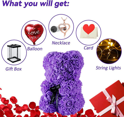 Purple Rose Bear Gifts for Valentines Day, Flower Bear Rose Teddy Bear with Box Lights Necklace Balloon Card, Cute Romantic I Love You Mothers Day Anniversary Birthday Gifts & Decorations