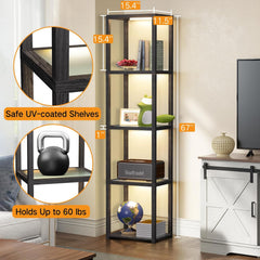 Beige Large Drum Lamp Shades and 67" Glass Display Shelf with Dimmable LED Floor Lamp