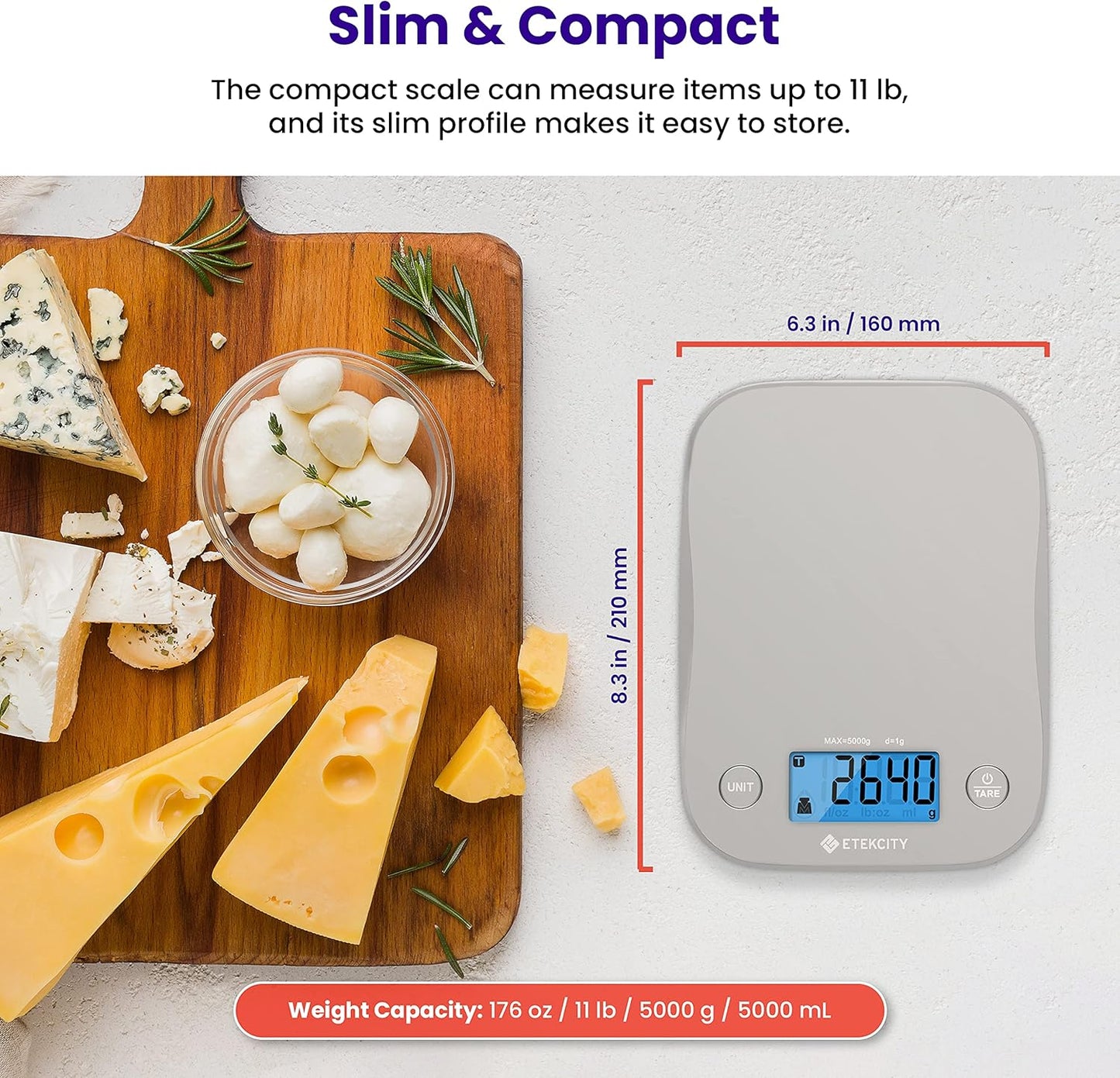Food Kitchen Scale, Digital Weight Grams and Oz for Cooking, Baking, Meal Prep, and Diet, Medium, Gray