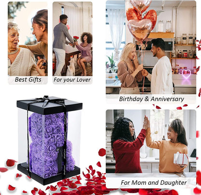 Purple Rose Bear Gifts for Valentines Day, Flower Bear Rose Teddy Bear with Box Lights Necklace Balloon Card, Cute Romantic I Love You Mothers Day Anniversary Birthday Gifts & Decorations