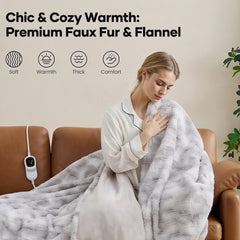 Heated Blanket Electric Throw Extra Large Size 50"X72", Soft Faux Fur Heated Throw with 10 Heating Levels 4 Hours Timer Machine Washable, Gray