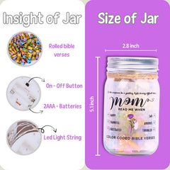 Bible Verse Jar for Mom – Diamond LED Light, 92 Scrolls of Encouragement, Christian Gift for Mother, Read Me When Keepsake