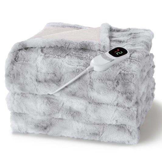 Heated Blanket Electric Throw Extra Large Size 50"X72", Soft Faux Fur Heated Throw with 10 Heating Levels 4 Hours Timer Machine Washable, Gray
