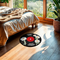 Vinyl Record Inspired Cool Rugs 24'' Tufted Quick Dry Anti-Slip Daisy Bath Mats Retro Carpet round Doormat Home Decor for Bedroom Living Room