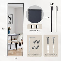 47"X14" Full Length Door Mirror, Full Body Mirror with Aluminum Alloy Thin Frame, Leaning or Hanging, Suitable for Bedroom, Livingroom, Cloakroom, Black