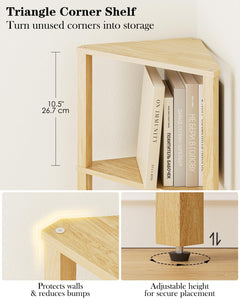 Corner Shelf with LED Light, 6-Tier Corner Bookshelf, Narrow Display Shelf with Storage Rack,Wood Corner Book Shelf for Living Room, Bedroom, Office, Oak
