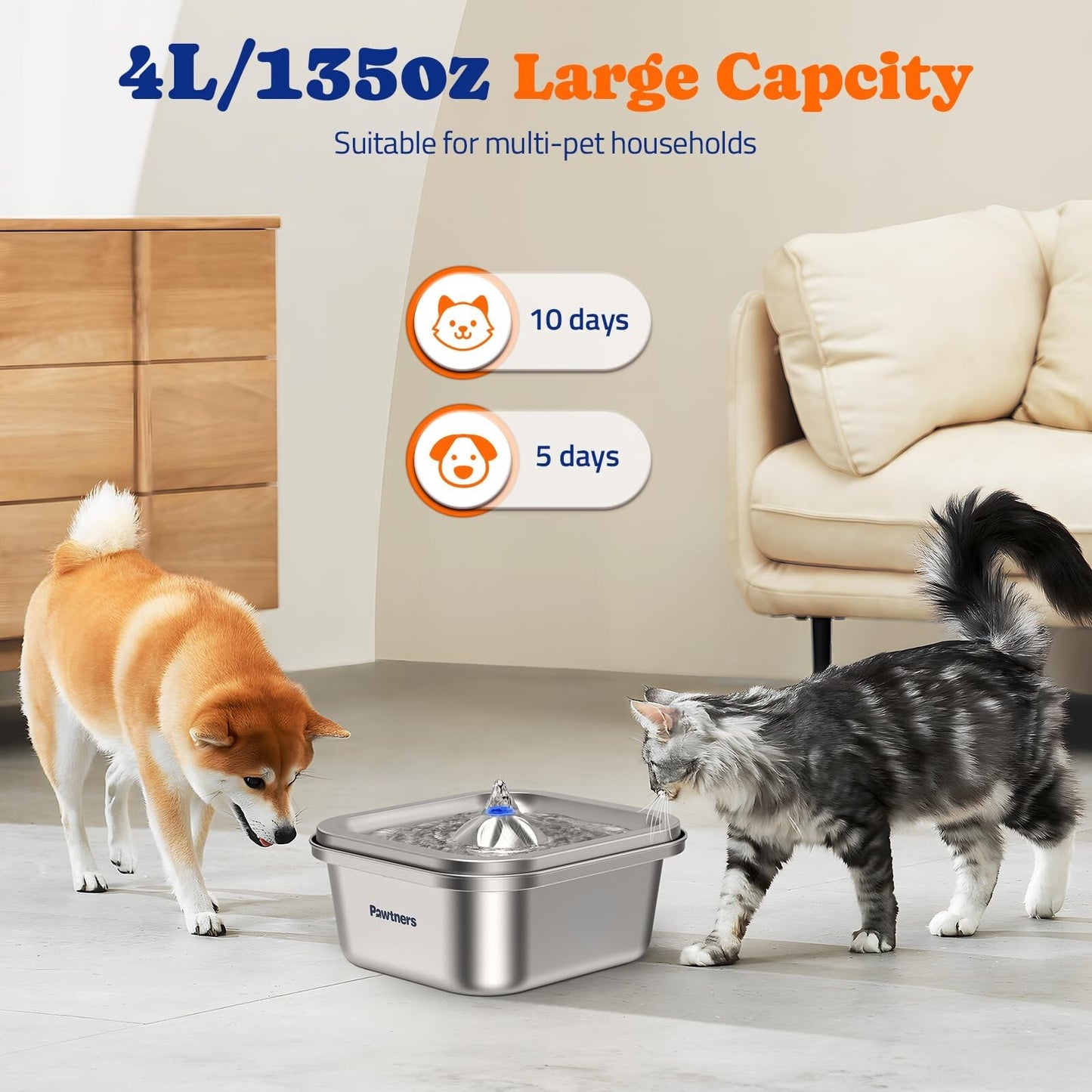 Cat Water Fountain Stainless Steel: 4L/140Oz Pet Fountain Water Bowl Indoor, ...