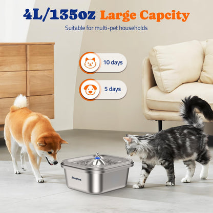 Cat Water Fountain Stainless Steel: 4L/140Oz Pet Fountain Water Bowl Indoor, ...