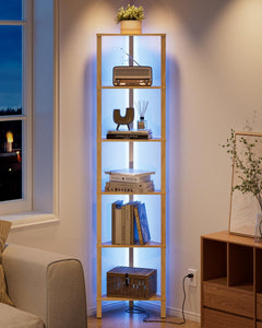 Corner Shelf with LED Light, 6-Tier Corner Bookshelf, Narrow Display Shelf with Storage Rack,Wood Corner Book Shelf for Living Room, Bedroom, Office, Oak