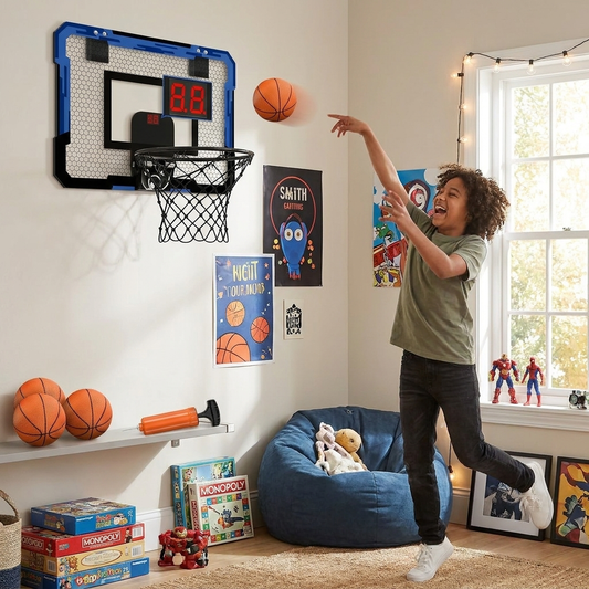 Over-Door Mini Basketball Hoop — Indoor Net with Scorer