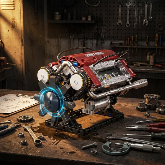 V8 Engine Building Block Model — Runnable Kit with Rotating Fan