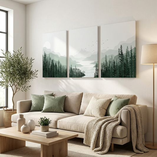 Sage Green Mountain Forest Canvas Wall Art — Set of 3