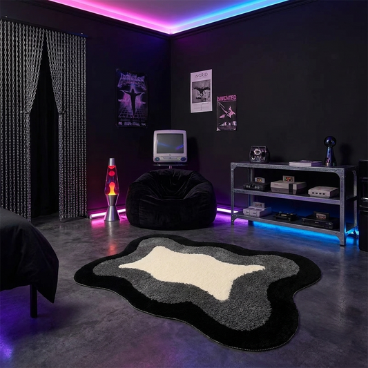 Y2K Cloud Aesthetic Area Rug — Black Room Setting
