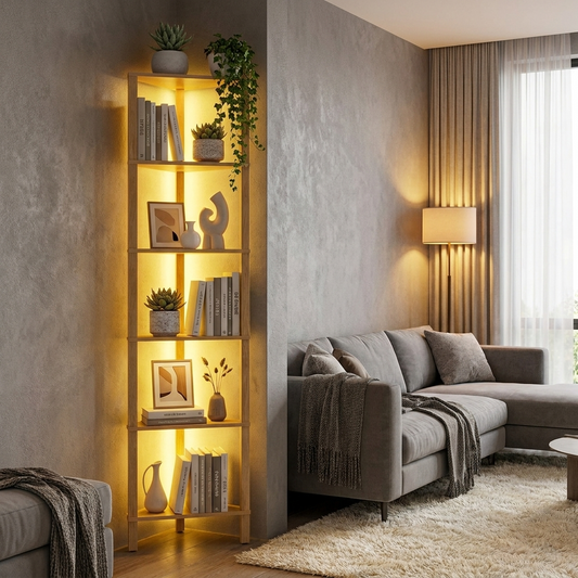 6-Tier Corner Bookshelf with LED Light — Single Unit Lifestyle